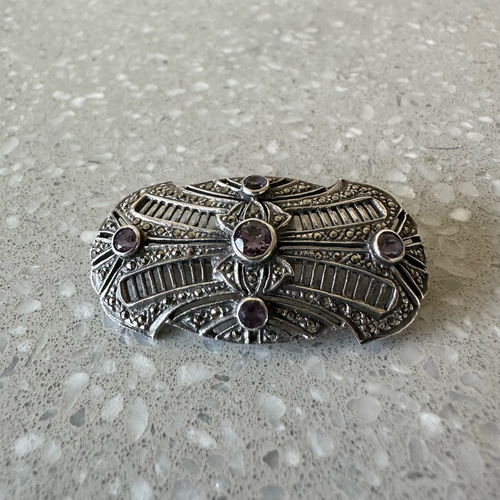 Art Deco Sterling Silver Natural Amethyst & Marcasite Brooch Stamped Makers Mark